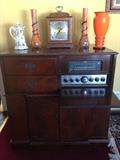 Czech glass vases, chocolate pot, antique Scott stereo, Howard Miller mantle clock