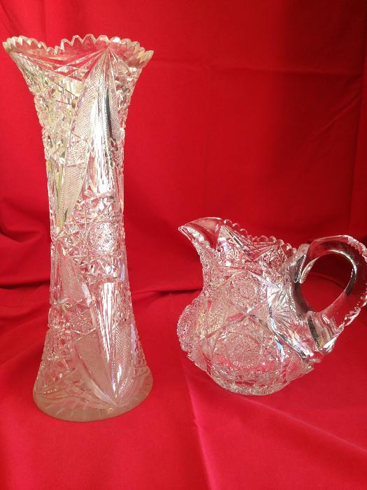 Large, Tall Crystal Vase and Pitcher