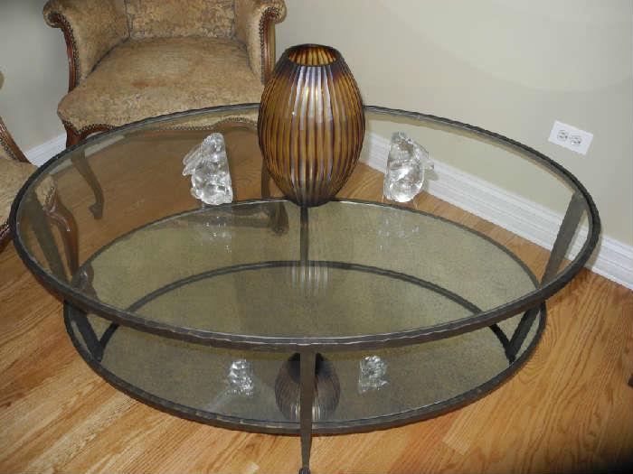 Crate and Barrel oval glass coffee table