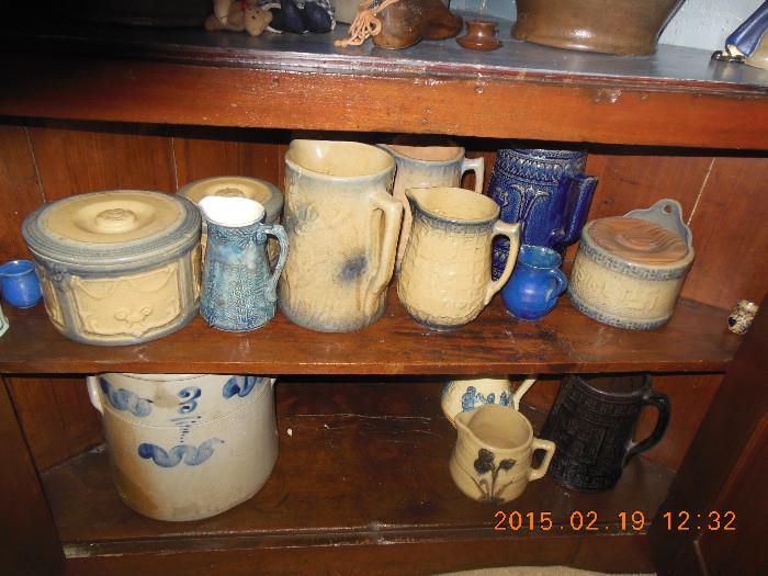 The next several pictures will show you the love of Stoneware. Antique crockery jars, jugs, pitcher, crocks with lids and most with cobalt freehand decoration. 
