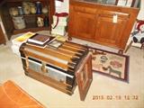 Antique steamer trunk dome top wooden travel chest.