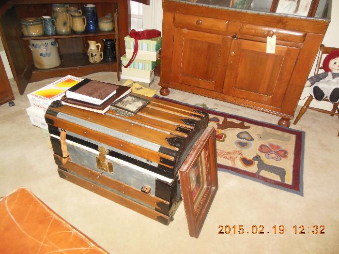 Antique steamer trunk dome top wooden travel chest.