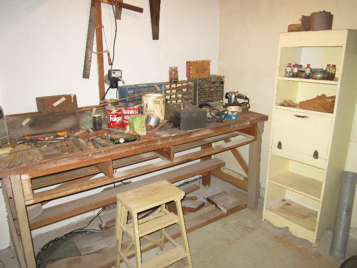 Basement workbench and tools.