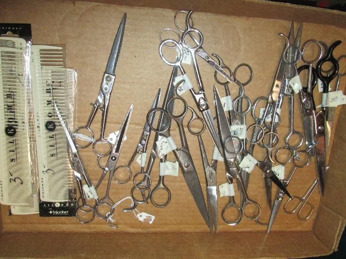 Multitudes of hair cutting barber scissors & other items
