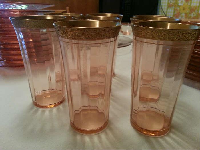 8 Pink Glass with Gold Rim