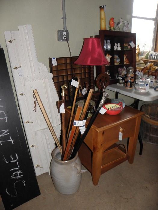 canes, old crock Lane pine side table (solid), spinning wheel lamp, printers block, Eastlake hat rack