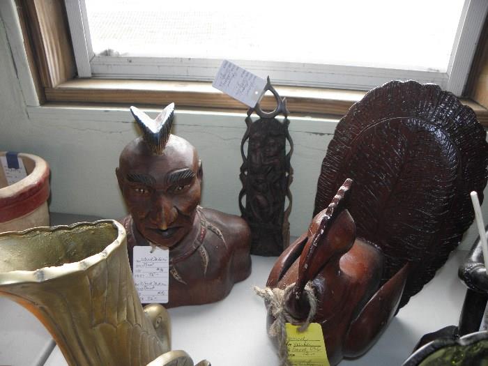 wooden indian bust, wooden turkey and African  decor