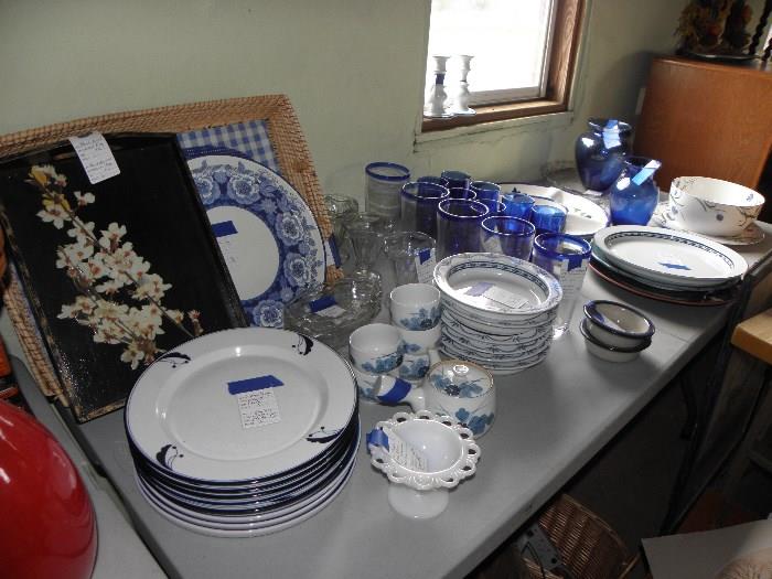 vintage tray, dansk plates, vintage milk glass, cobalt glasses, handblown glasses, Mikasa