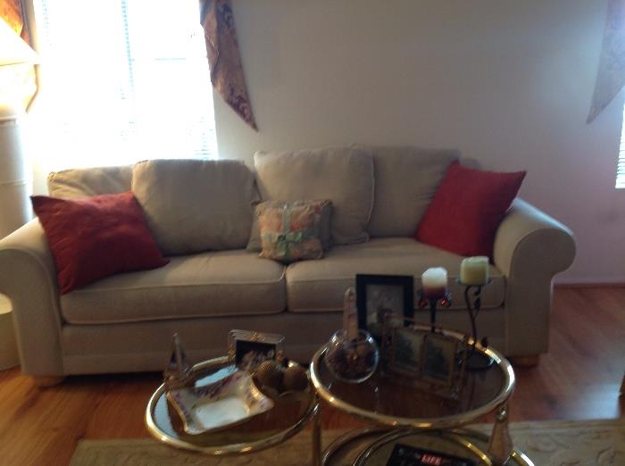 Neutral Tweed Sofa w/ Gold Metal/Glass Coffee Table
