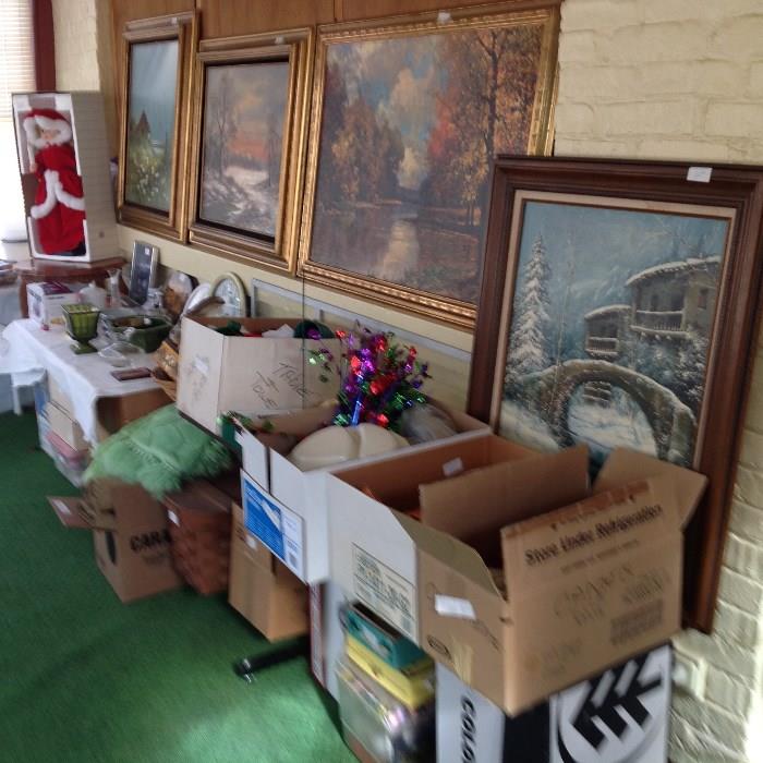Very nice oil paintings, and many more, box lots and xmas  and holiday decorations. all of these thing are just a small portion of the items for sale.