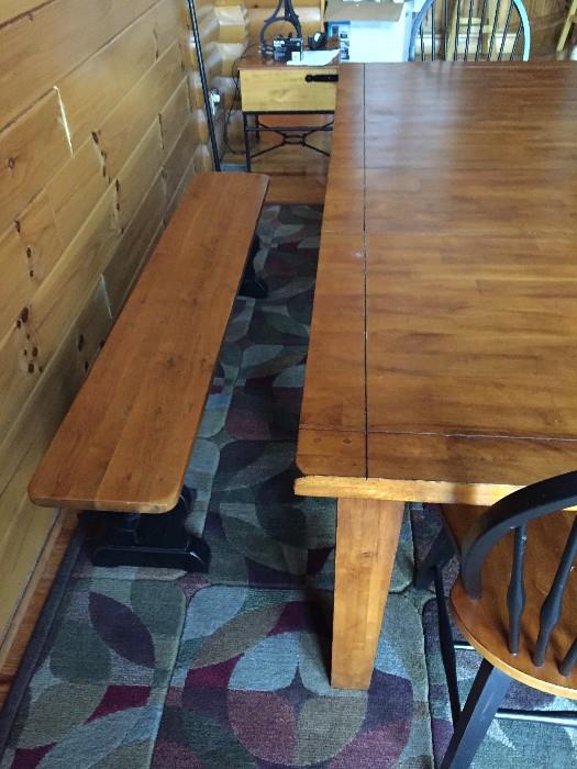 8 foot dining table (2 removable leaves) with 6 foot bench, 3 side chairs and 1 arm chair