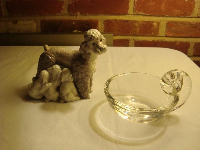 Lladro "Mother Poodle and Puppies", and Steuben small bowl.