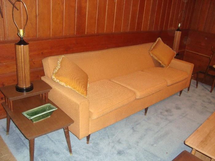 Mid-century sofa, end tables (pair) and lamps (pair).