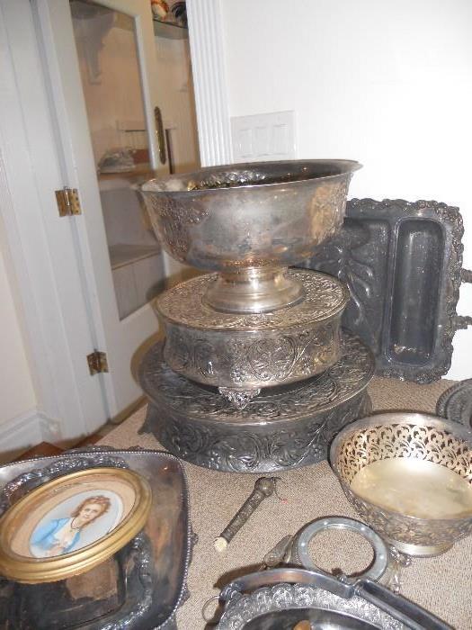 Buffet serving stands and misc. silver plate 