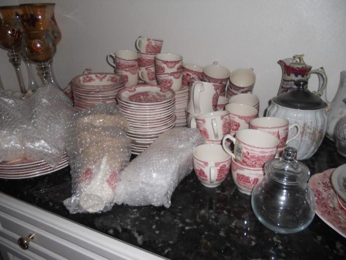 Johnson Bros. pink/white china - lots and lots of pieces