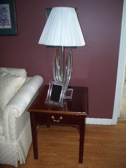 Thomasville Table - Waterford Picture Frame - Lucite Lamp