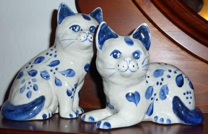 Pair Blue/White Cat Figurines