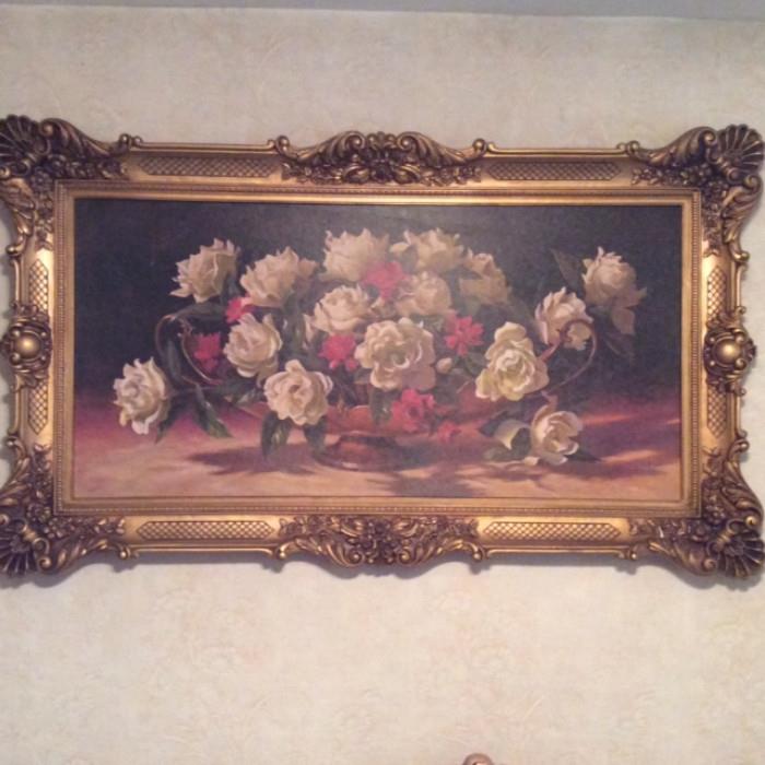 Elegant framed painting of roses. 