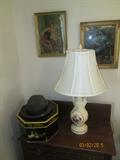 Dobbs hat box with hat, vintage pictures, lamp