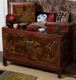Chinese chest and boxes, assortment of bowls and saki set.