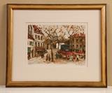1953 Paris Street Scene, signed print by Charles Mondin? Titled "La Place du Ertre" numbered 482/500, 9x12, 16.5x20" framed 