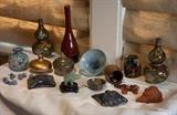 Art glass pots, cloisonne, bud vases, etc.