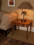 Wood side table by Milling road furniture, and parrot lamp.
