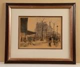Street scene from European city, colored etching print by W. Lauhedy? 12x15, framed 25x22"