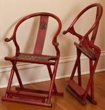 Pair of compact folding red lacquer chairs from Hong Kong, webbing seats