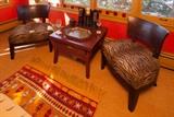 Pair of oversized BERNHARDT "Camdon style" curve back contemporary chairs, tiger print cushions. Antique red lacquer Chinese table with brass pulls. 30"x30"x 20" tall. Moroccan wool rug or wall hanging, 52"x 72"