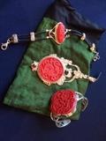 Carved Cinnabar SAJEN jewelry, 925 Silver with garnets