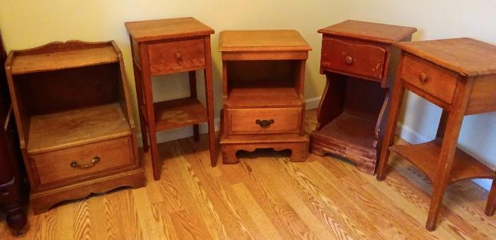 Assortment of vintage, antique, and modern side tables. All tables are in good condition.