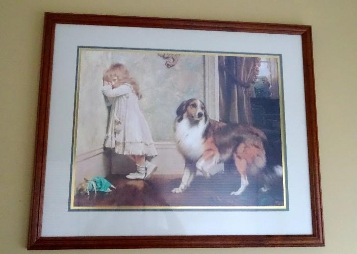 Victorian print - girl pounting in corner with collie.  Print by Charles Burton Barber.