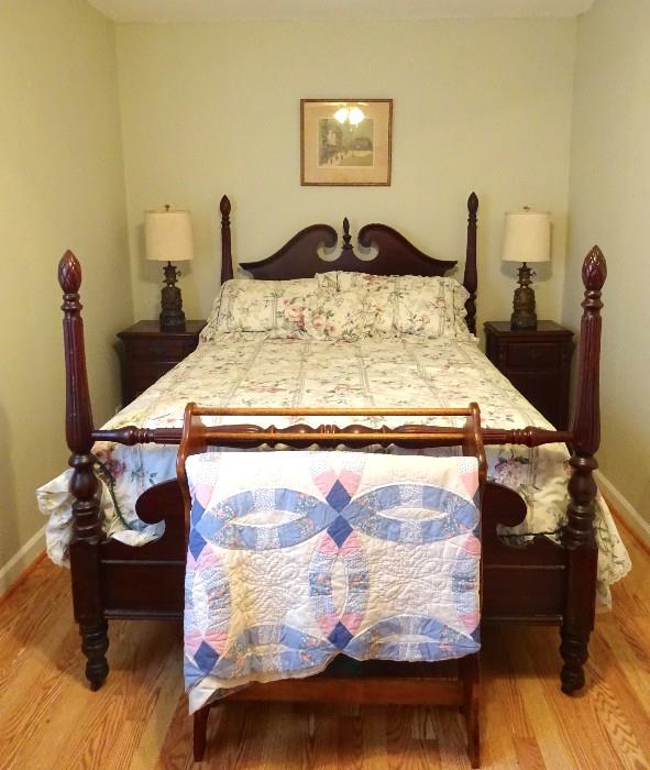 Solid mahogany Hungerford company (Memphis, TN) colonial style bedroom suite complete with double queen size bed, matching end tables, upright chest, and dresser.  Sold separtely or as a set.  Very clean and like new!   Staged with a beautiful wedding ring quilt on a three bar quilt rack.