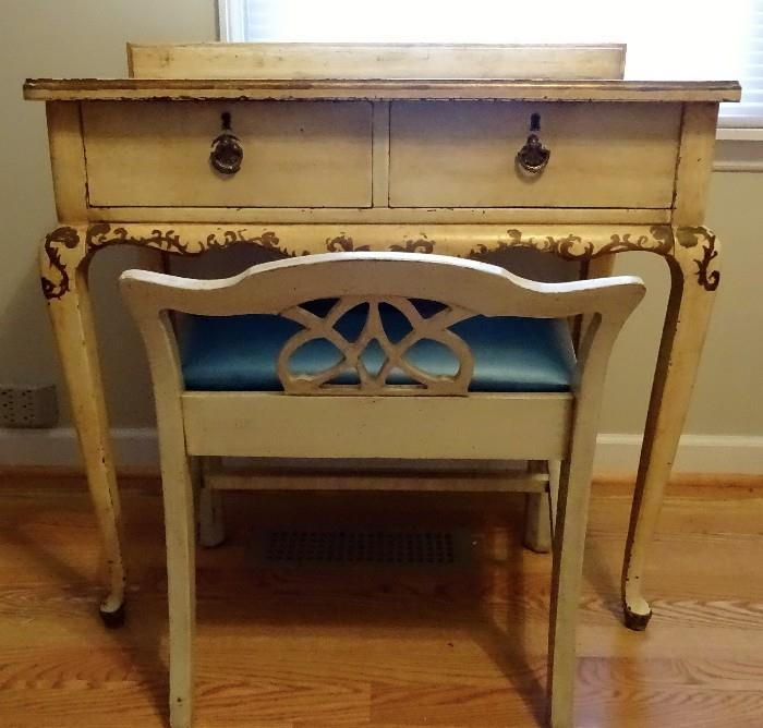 French provincial writing desk or vanity with matching stool. 