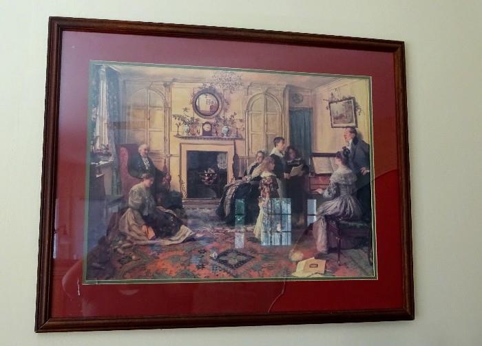 Print of a family gathered around the fireplace and piano. 