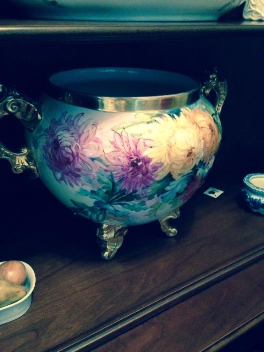 Beautiful LARGE Limoges Jardinere with Rose motif signed McCarthy - front and back are painted differently!