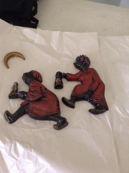 Vintage Blackamoor chalk ware wall plaques. Lady has arm damage. But can be repaired. Unique!