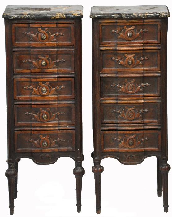 Pr. of Antique Carved 5-Drwr. Stands w/Marble Tops.