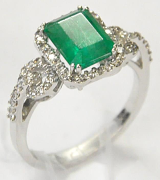 14K White Gold Emerald & Diamond Ring.
