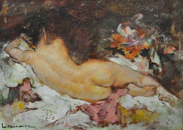PAINTING OF RECLINING NUDE BY MARYSE DUCAIRE.
OIL ON CANVAS. MEASURES 9" X 12 1/2".
