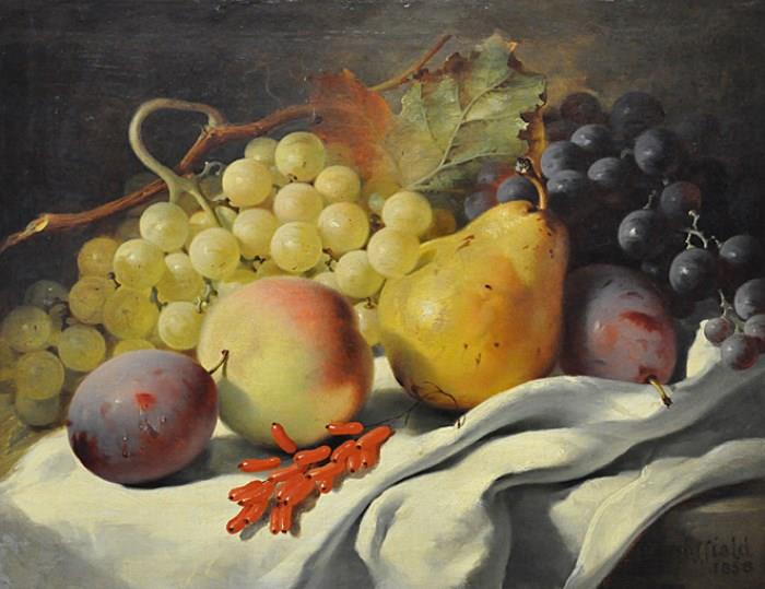 FINE WILLIAM DUFFIELD STILL LIFE PAINTING OF FRUIT. OIL ON CANVAS. MEASURES 11" X 13 1/2".