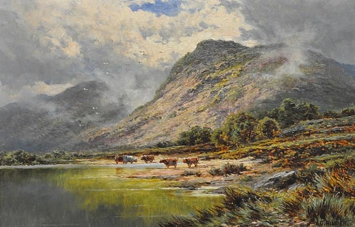 FINE H.D. HILLIER PAINTING OF HILL & COWS.
OIL ON CANVAS. MEASURES 11 1/2" X 17 1/2".