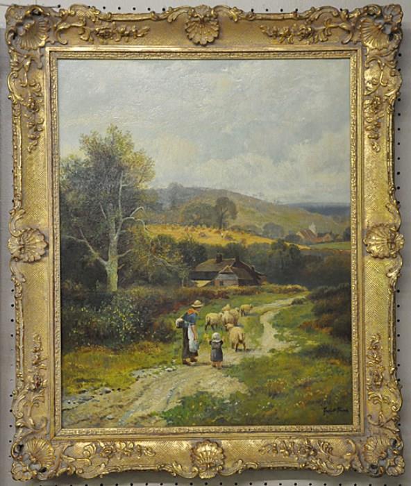 FINE LEOPOLD RIVERS OIL PAINTING.
OF FARM WOMAN AND CHILD WITH SHEEP. OIL ON CANVAS. MEASURES 24" X 19".