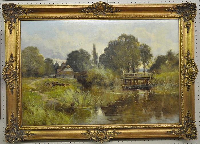  FINE OIL PAINTING BY J. HORACE HOOPER.
OF FISHING BOAT IN THE REEDS. OIL ON CANVAS. MEASURES 23" X 35 1/2". 