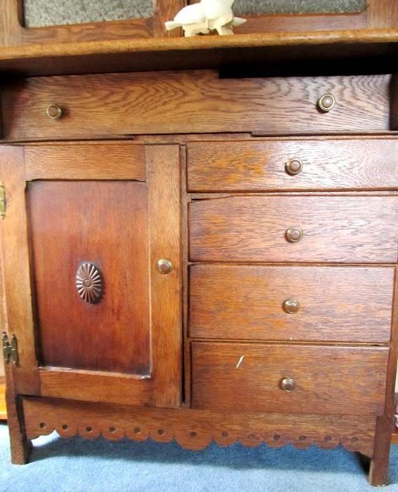 Vintage Primitive Pie Safe Cupboard... handmade... beautiful Tiger Oak Wood, natural finish...with double door storage in the top section and drawers and door storage in the bottom section.   Very Collectible