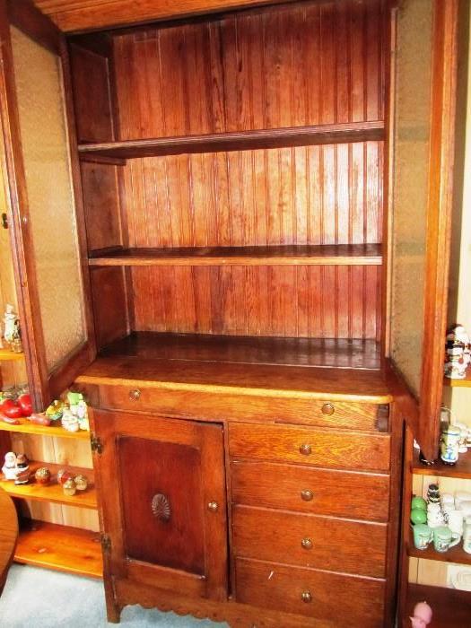 Vintage Primitive Pie Safe Cupboard... handmade... beautiful Tiger Oak Wood, natural finish...with double door storage in the top section and drawers and door storage in the bottom section.   Very Collectible