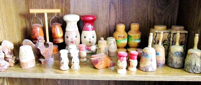  Some of the extensive collection of vintage and unique salt and pepper shakers collected over several decades.  Lots of variety...wood, metal, glass, pottery, porcelain...good selection  of subject matter... figurals, animals, seasonals...etc.    More of this collection is pictured elsewhere in this collection. 