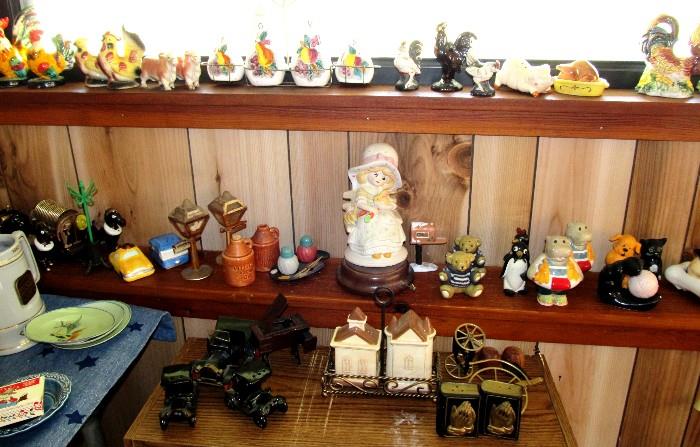  Some of the extensive collection of vintage and unique salt and pepper shakers collected over several decades.  Lots of variety...wood, metal, glass, pottery, porcelain...good selection  of subject matter... figurals, animals, seasonals...etc.    More of this collection is pictured elsewhere in this collection.  