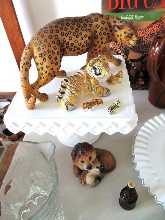 Vintage Milk Glass Footed Cake Stand..very collectible; Also shown are some of the collection of animal figurines available in this sale...various sizes, different compositions...good detail.  Other animal figurines are shown in other pictures in this collection.